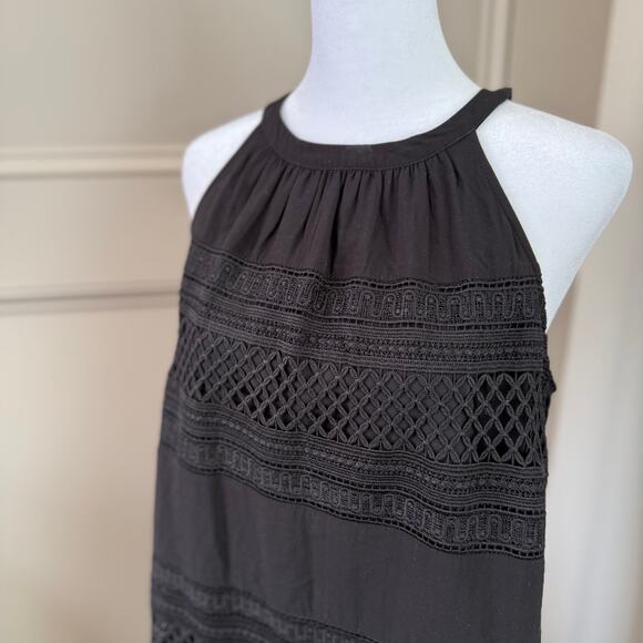 LOFT Black Lined Embroider Fringe Dress Sz XS Viscose Halter - Picture 2 of 7